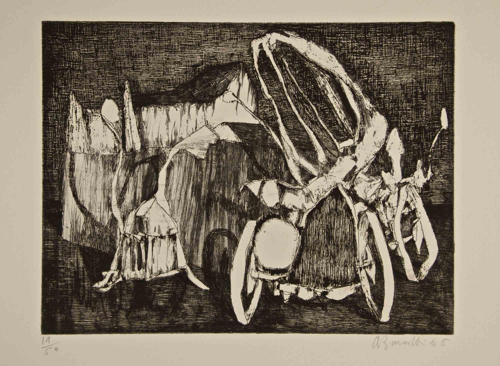 Clunker and Old Houses - Etching by Armando Buratti - 1965