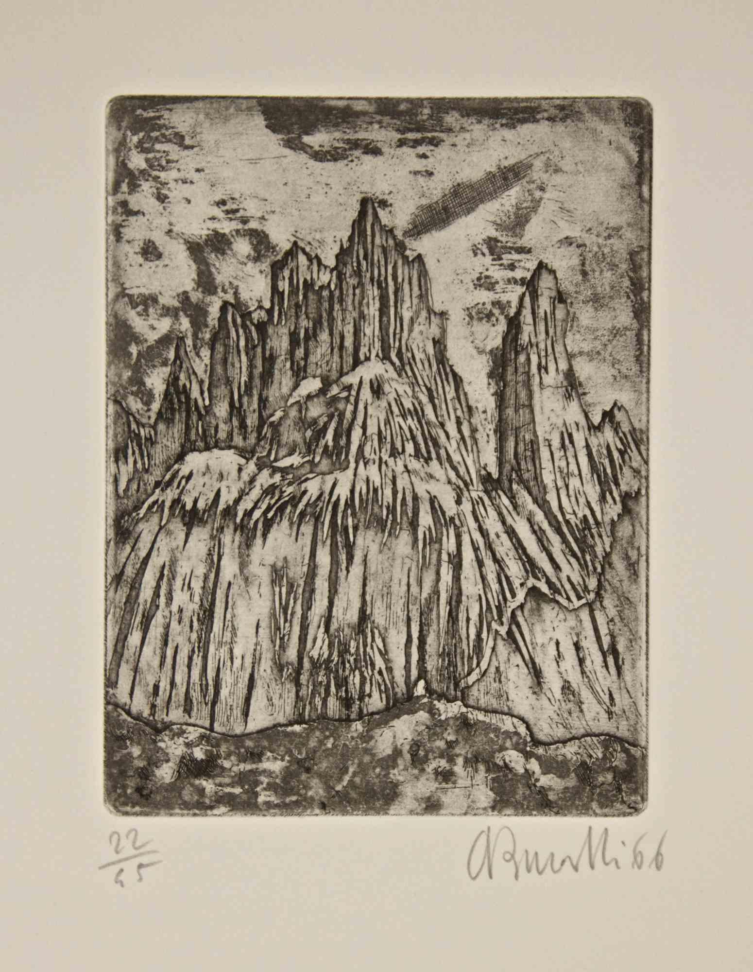 Armando Buratti Figurative Print - Dolomites Etching, Hand Signed, Modern Style, Edition of 45, 1966