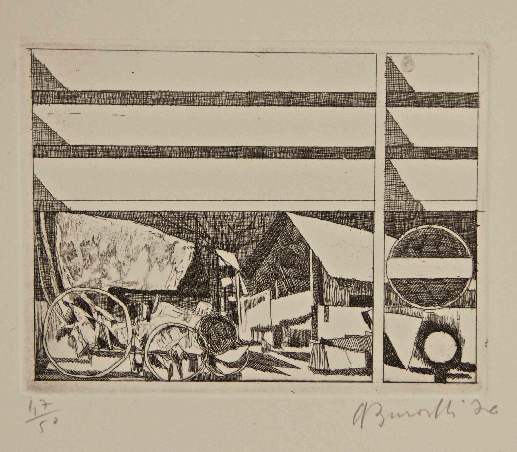 From the Window: Suburbs - Etching by Armando Buratti - 1970