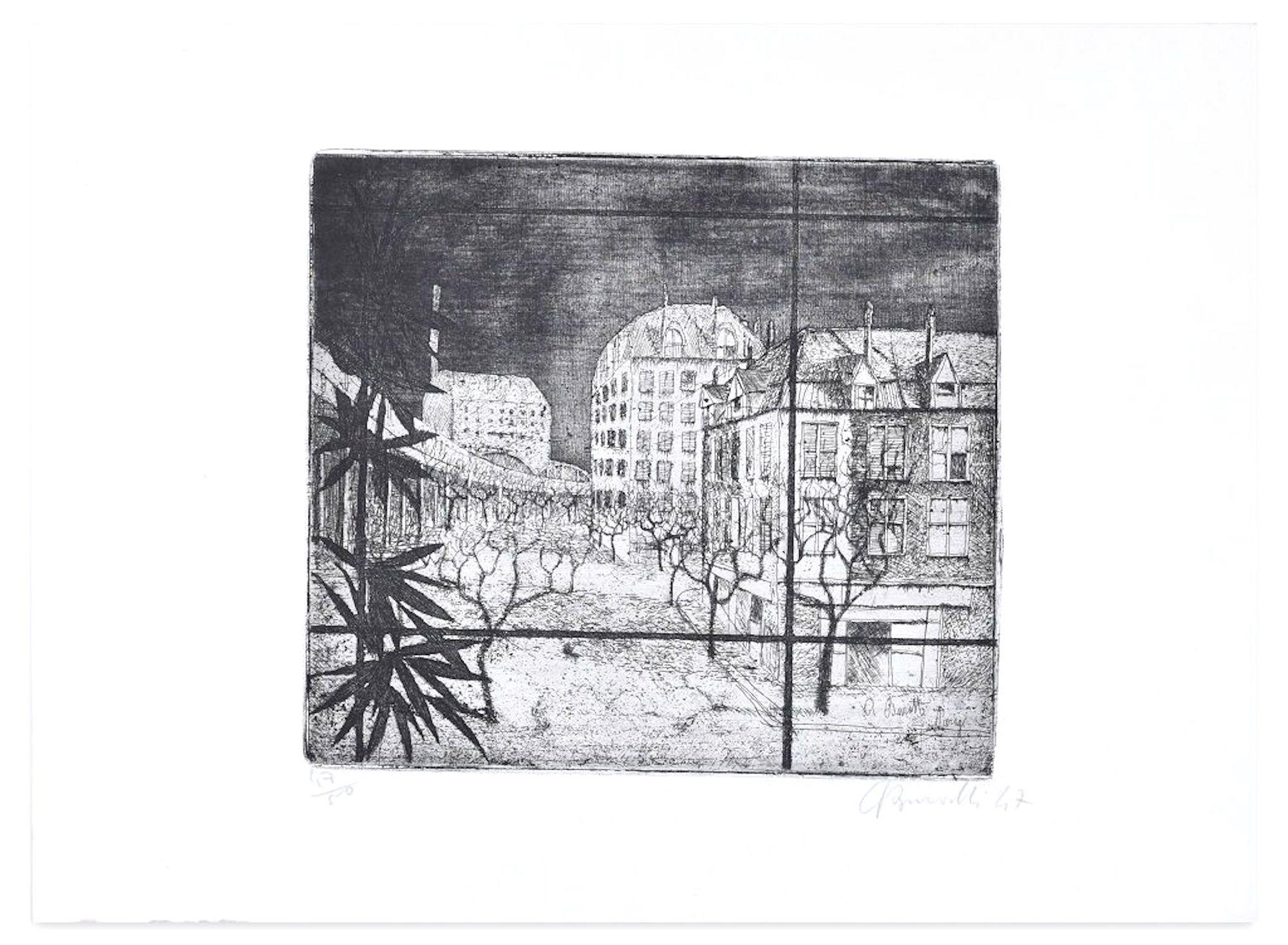 Landscape Print de Armando Buratti - París - Grabado original de A. Buratti - 1947