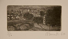 Rome, Lungotevere - Etching by Armando Buratti - 1967