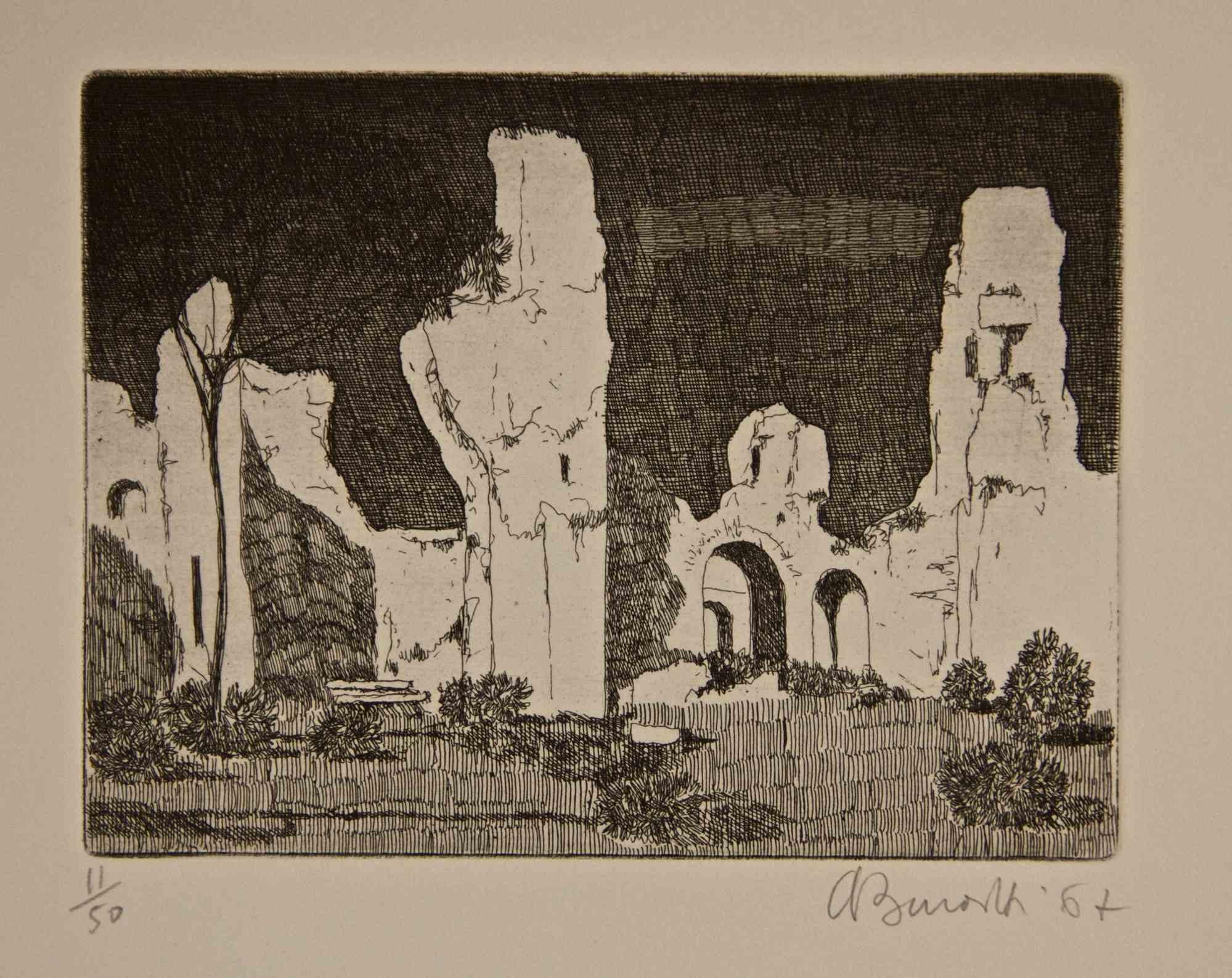 Roma, rovine romane - Acquaforte di Armando Buratti - 1967
