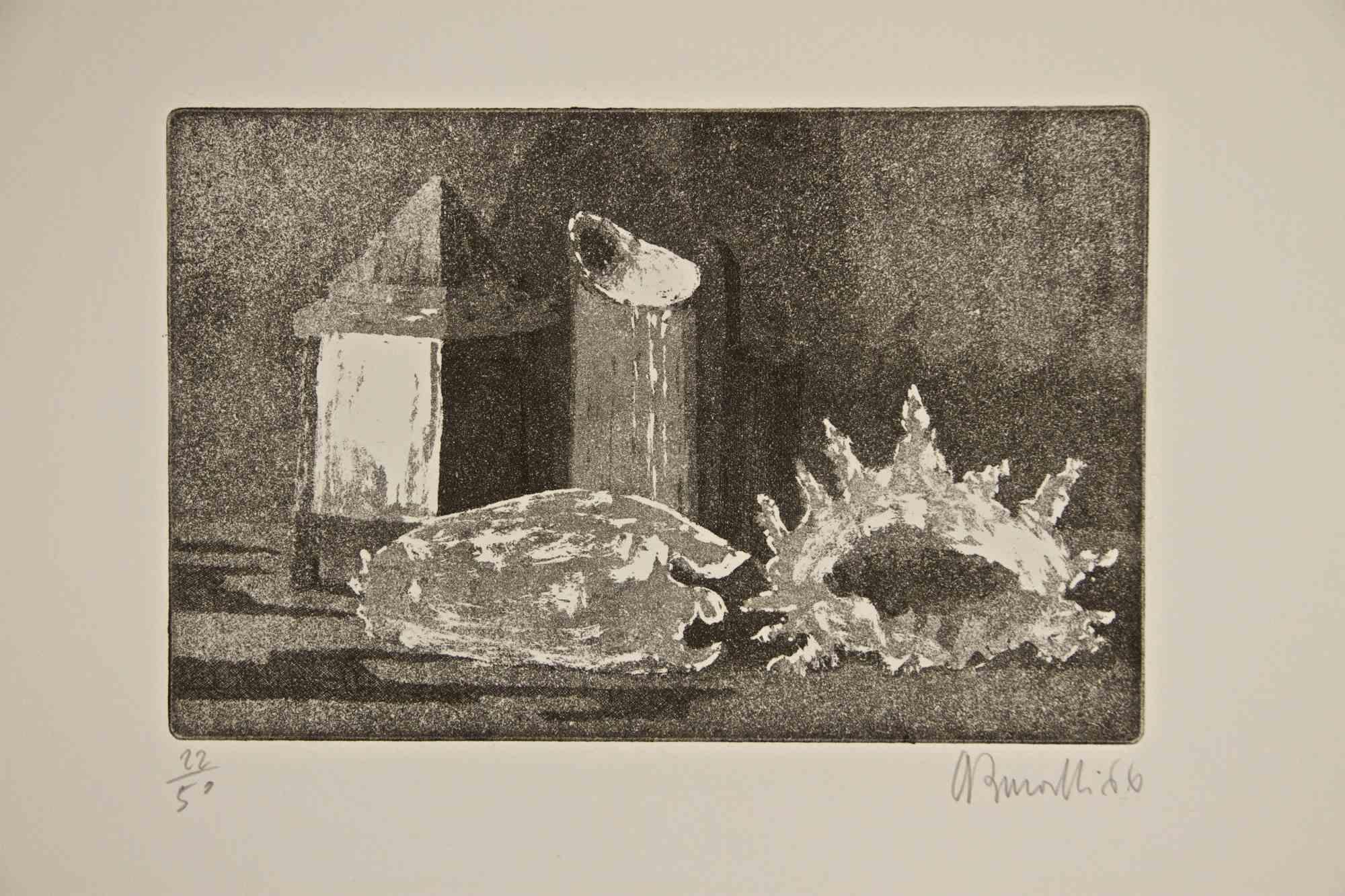 Conchiglie, bollitore e lanterna - Acquaforte di Armando Buratti - 1966