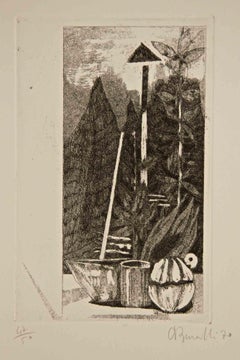 Nature morte sur le rebord de la fenêtre - Gravure d'Armando Buratti - 1970