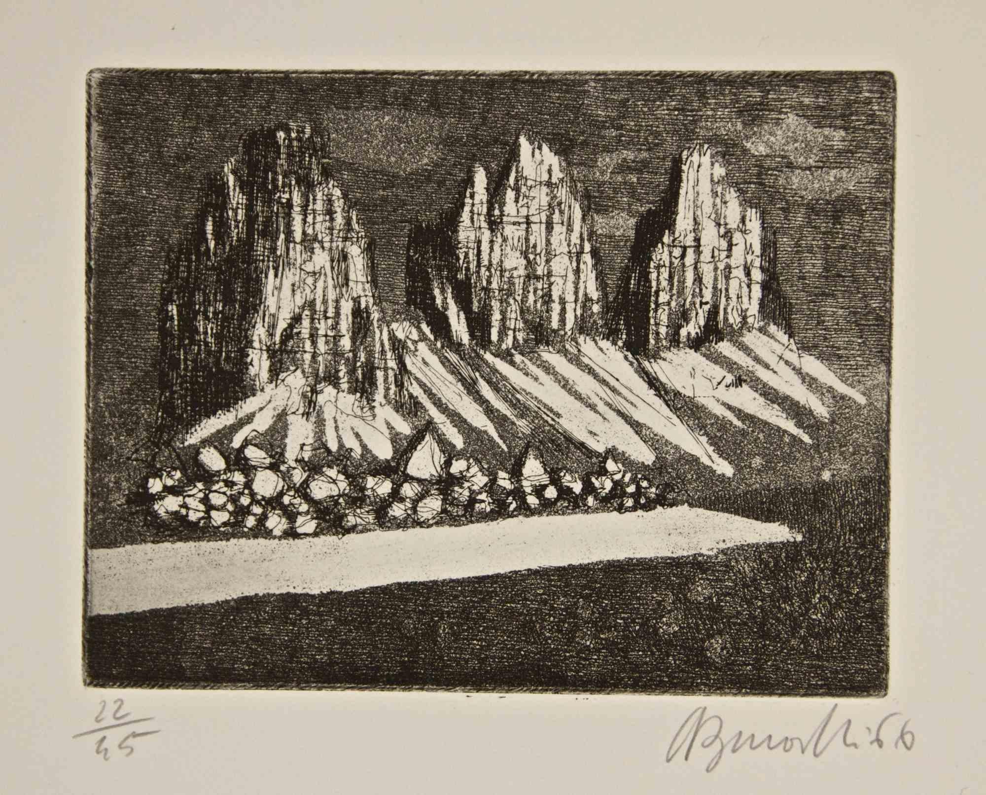 Three Peaks (Dolomites) - Etching by Armando Buratti - 1966