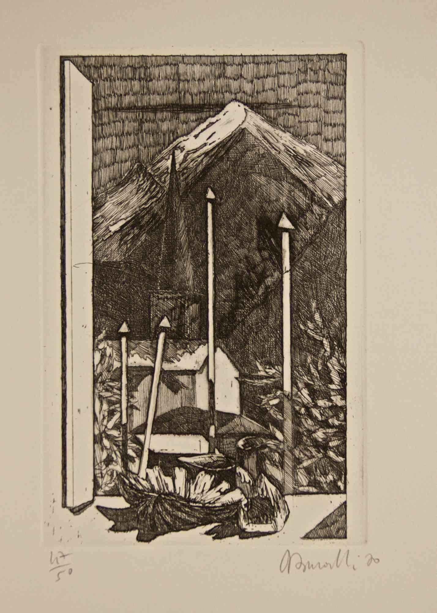 Val d'Aosta Landscape - Etching by Armando Buratti - 1970