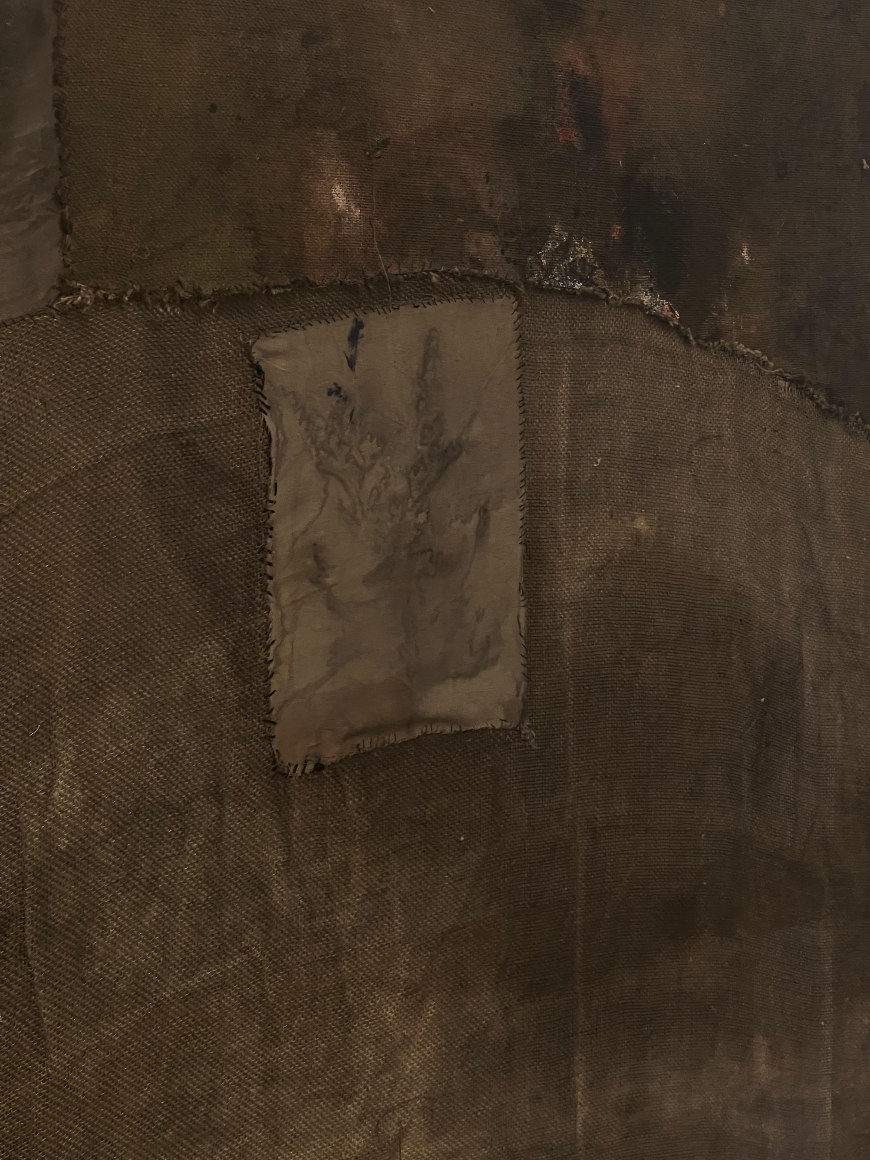 Mixed Fabric Composition with Expressive Seams in Earthy greens, 2024 - Painting by Armando Mesías