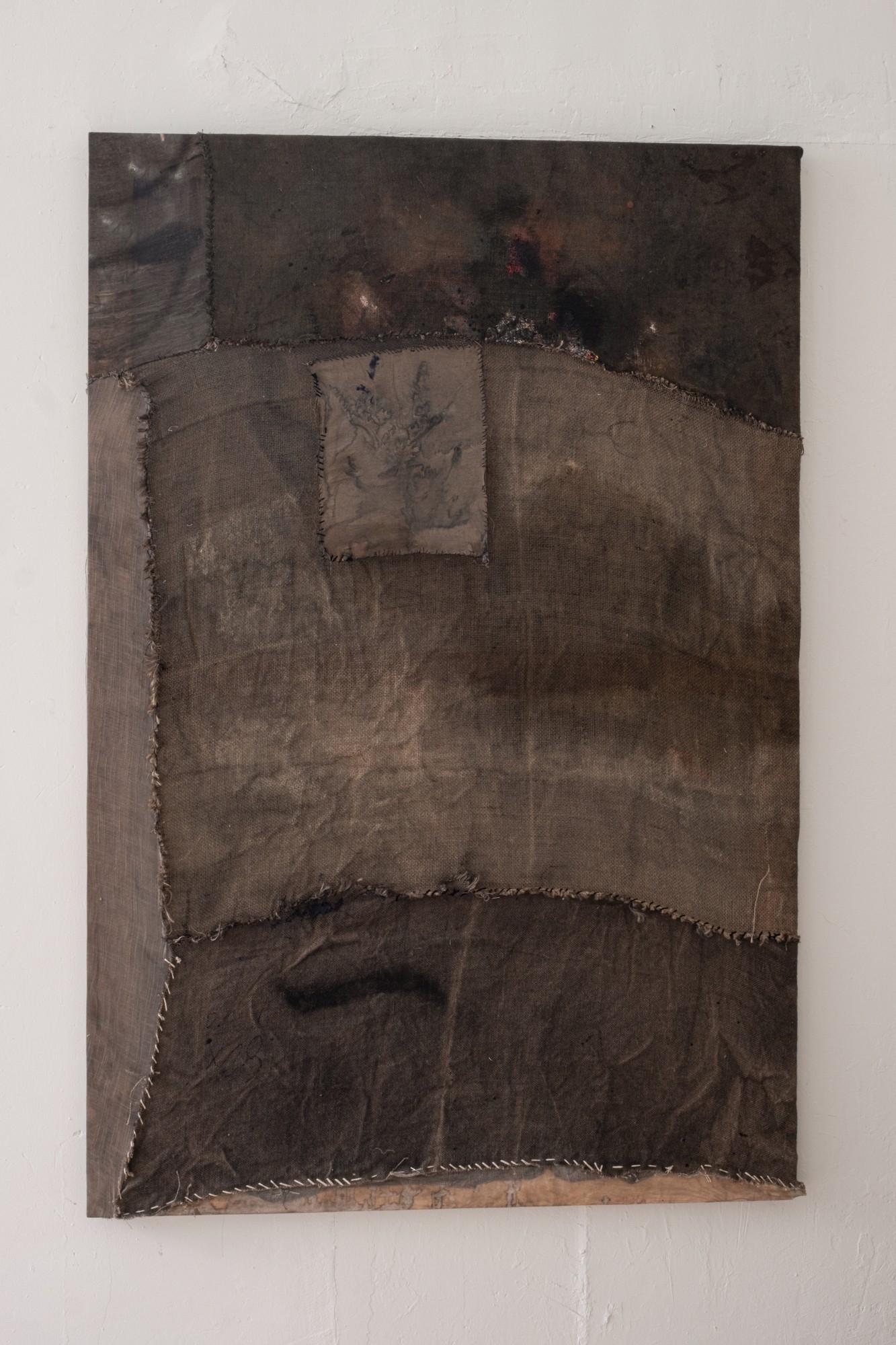 Mixed Fabric Composition with Expressive Seams in Earthy greens, 2024 - Contemporary Painting by Armando Mesías