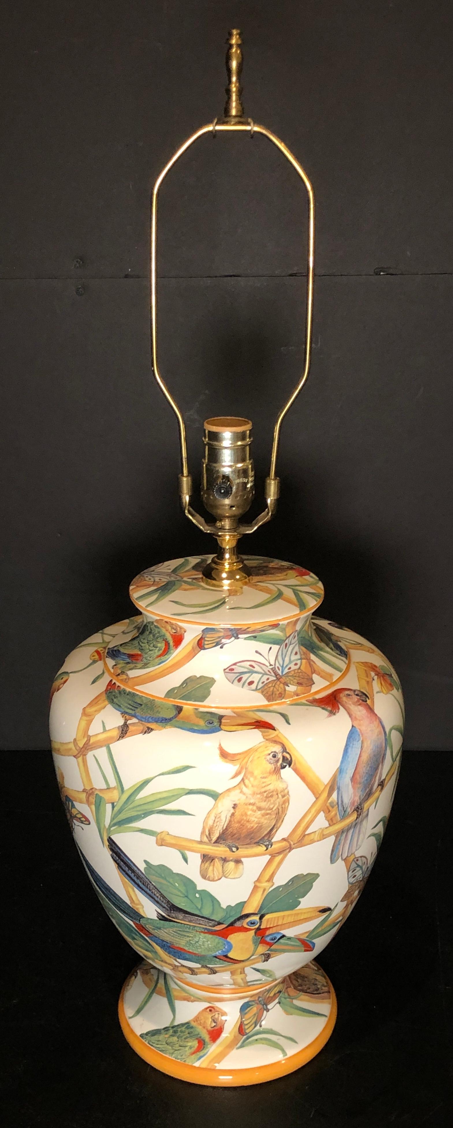 Colorful, exotic and tropical Armando Poggi, Firenze, Ceramic Lamp featuring an array of tropical birds.
14
