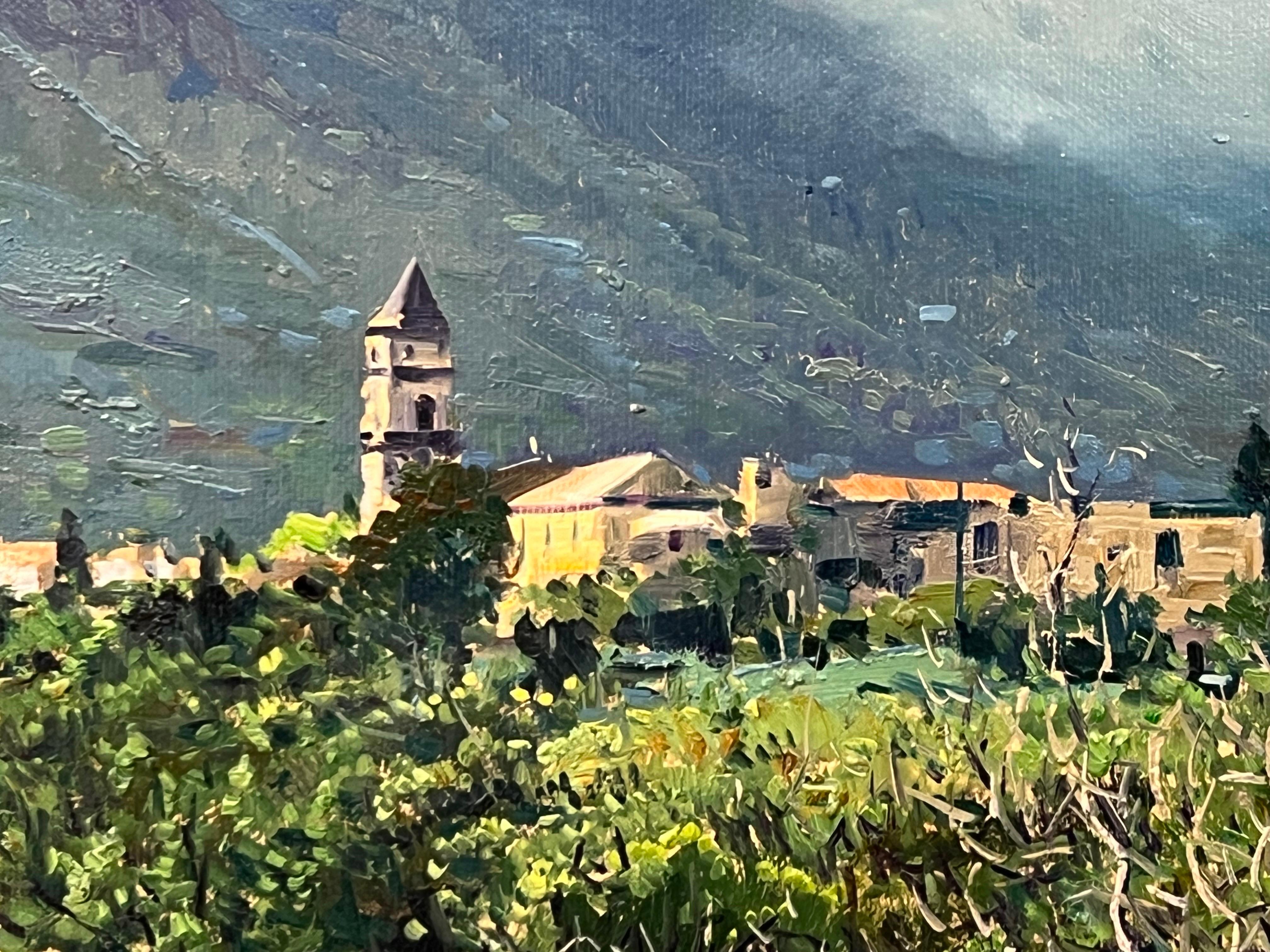 Mountains in the Clouds in Tuscany Italy by 20th Century Italian Artist Armando Romano 

Art measures 20 x 16 inches 
Frame measures 26 x 22 inches 

In 1953, Italian artist Armando Romano was born in the beautiful city of Naples. Apart from works