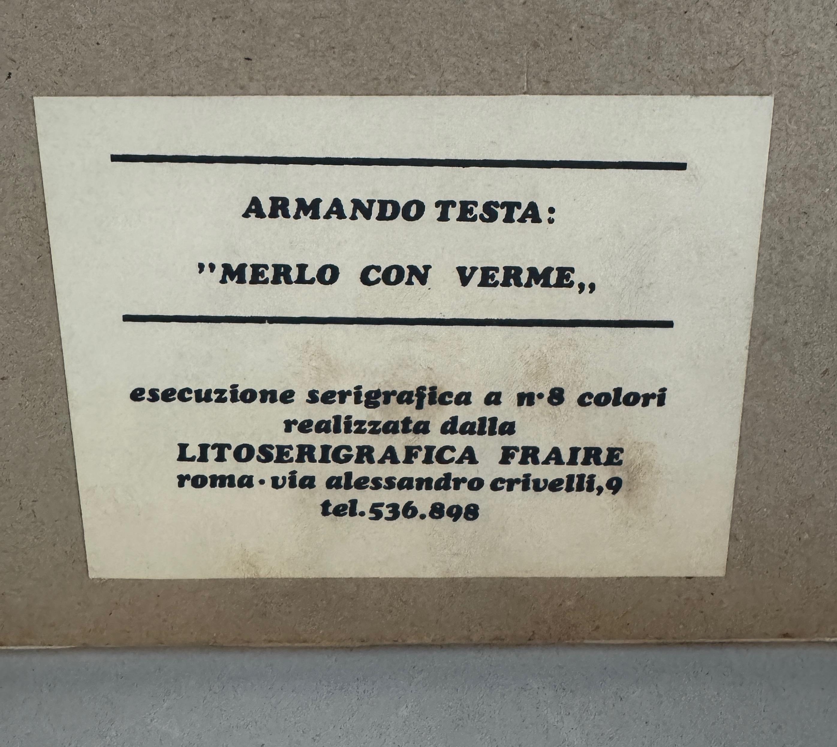 Armando Testa, Amsel mit Wurm, 8-Farben-Siebdruck, 1969 im Angebot 2