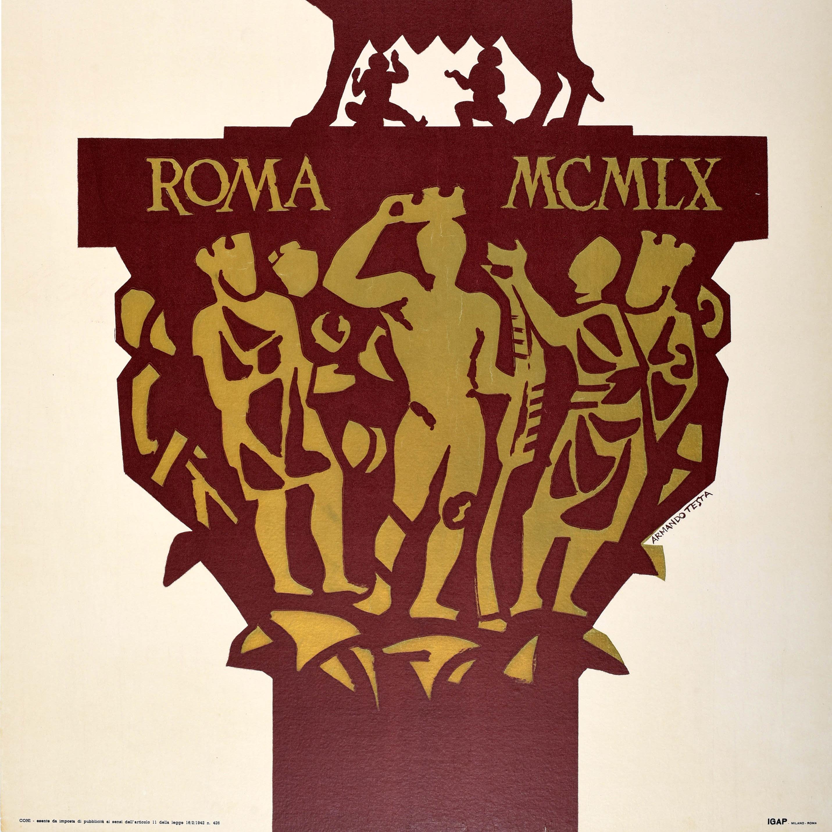 Very scarce original vintage sport poster for the XVII Olympic Games in Rome featuring a great design by Armando Testa (1917-1992) with a Russian text. Design depicts the twin brothers Romulus and Remus being suckled by the Capitoline Wolf (the