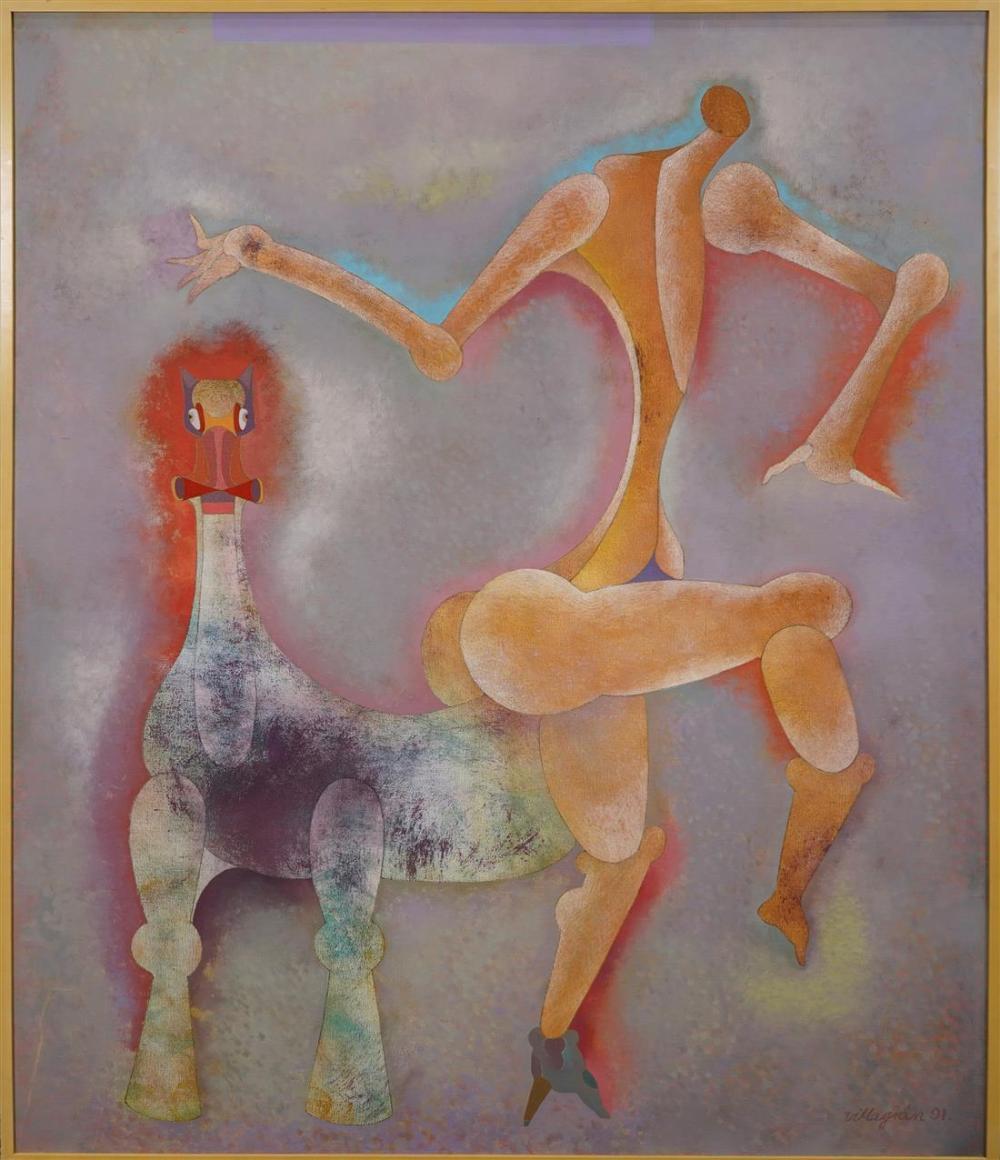 Armando Villagran (mexicano, 1945-1995)
Sin título (Figura con animal), 1991
Óleo sobre lienzo, firmado y fechado abajo a la derecha
Lienzo: 55 "h x 43,5 "w, total (con marco): 56 "h x 44 "w

Nacido en 1945 en Ciudad de México y fallecido en 1995,