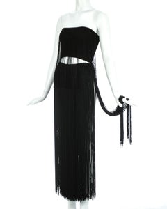Armani black fringed skirt and cropped boob tube evening ensemble, c. 1990s