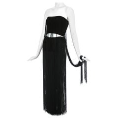 Armani black fringed skirt and cropped boob tube evening ensemble, c. 1990s
