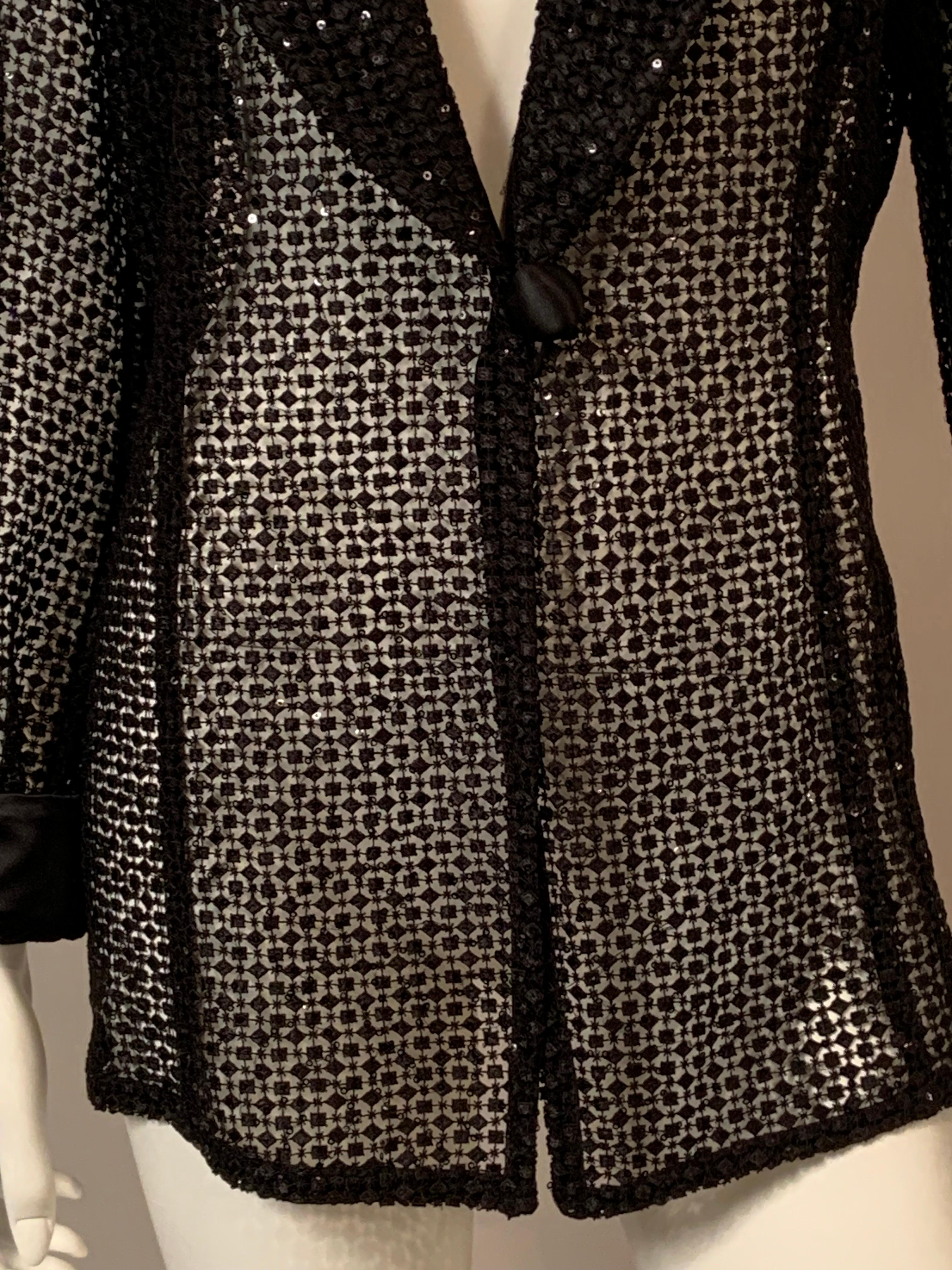 Armani Black Satin Trimmed Open Work Jacket with Sequins Larger Size In Excellent Condition In New Hope, PA