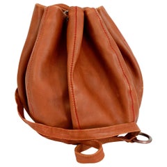 Retro Armani Brown Leather Bucket Drawstring  Bag Red Stitching 1990s