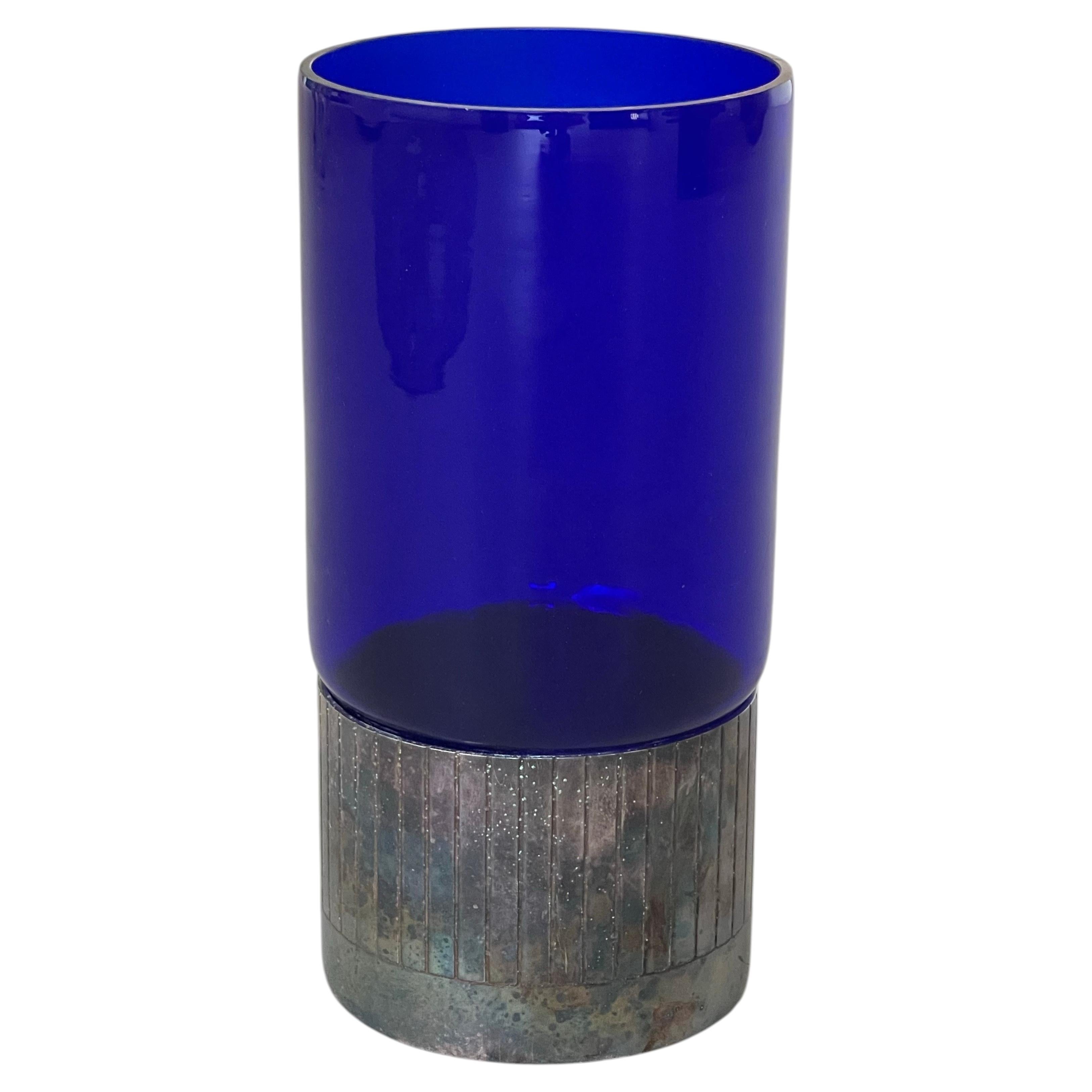 Armani Casa Cobalt Blue Glass Vase with Iridescent Metal Base For Sale