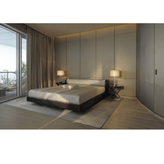 Armani Casa Modern Minimal Low-Profile Bed, Brown-Black Oak, Round Bolster Head