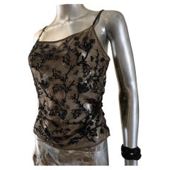 Armani Collezione - Débardeur de soirée en mousseline de soie beige perlée à la main, taille S, Italie
