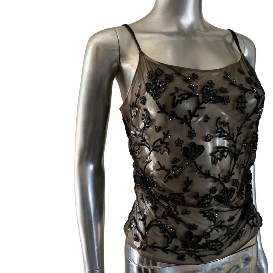 Black Armani Collezione Hand Beaded over Nude Chiffon Evening Tank Italy Size Small For Sale