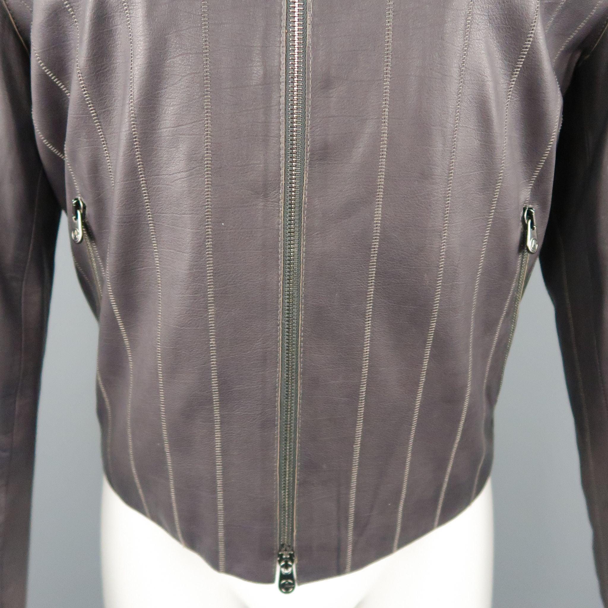 ARMANI COLLEZIONI 40 Purple Stitched Leather Biker Jacket In Excellent Condition For Sale In San Francisco, CA