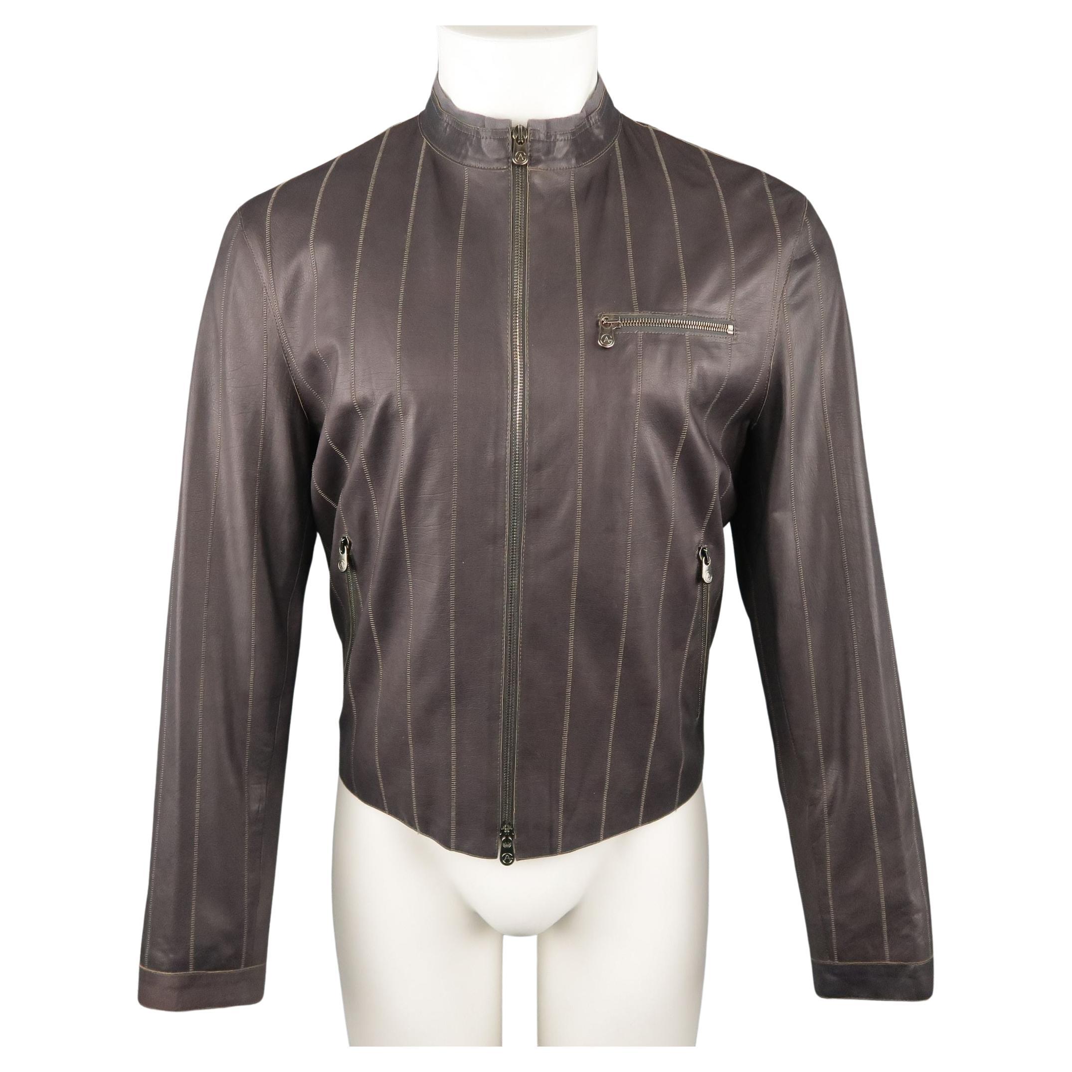 ARMANI COLLEZIONI 40 Purple Stitched Leather Biker Jacket For Sale