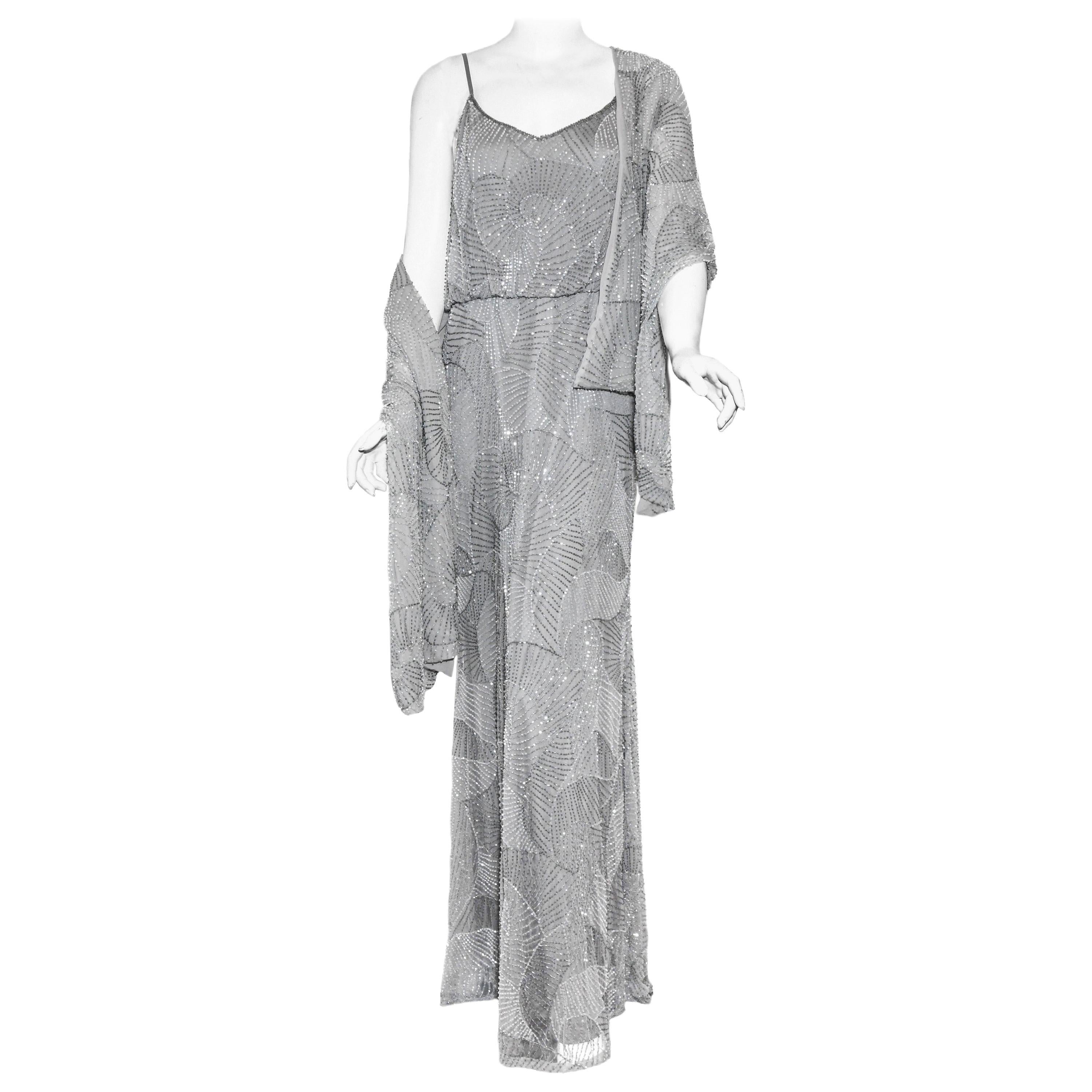 Armani Collezioni Beaded Grey Shell Design Blouson Gown With Shawl For Sale