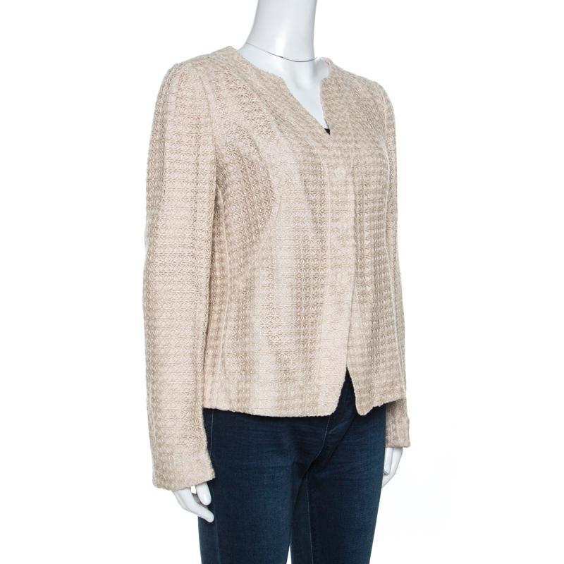 Armani Collezioni Beige Jacke mit Spitzenoverlay-Detail L im Zustand „Gut“ im Angebot in Dubai, Al Qouz 2