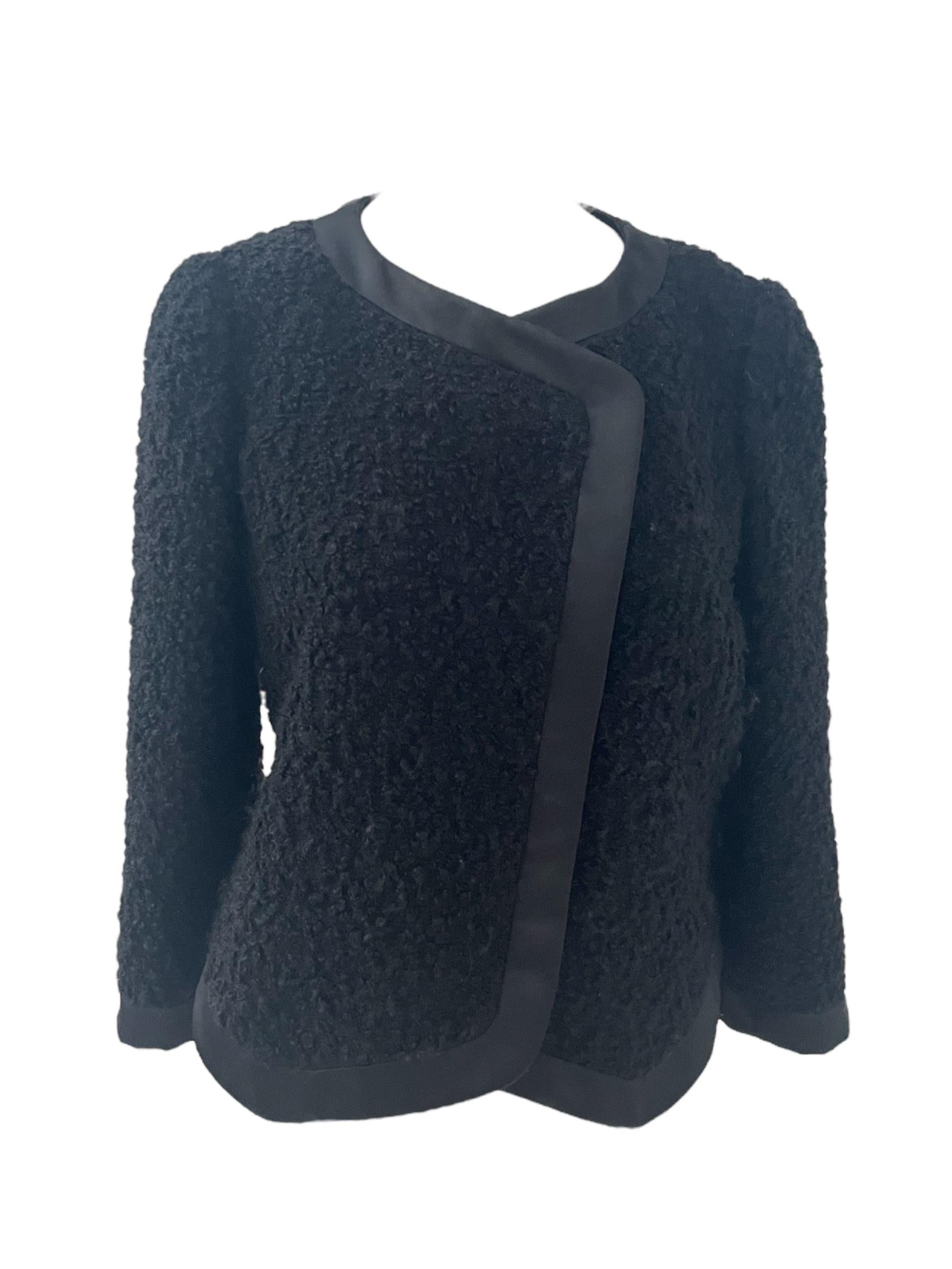 Armani Collezioni Black Bouclé Wool Blend Jacket with Satin Trim im Angebot 1