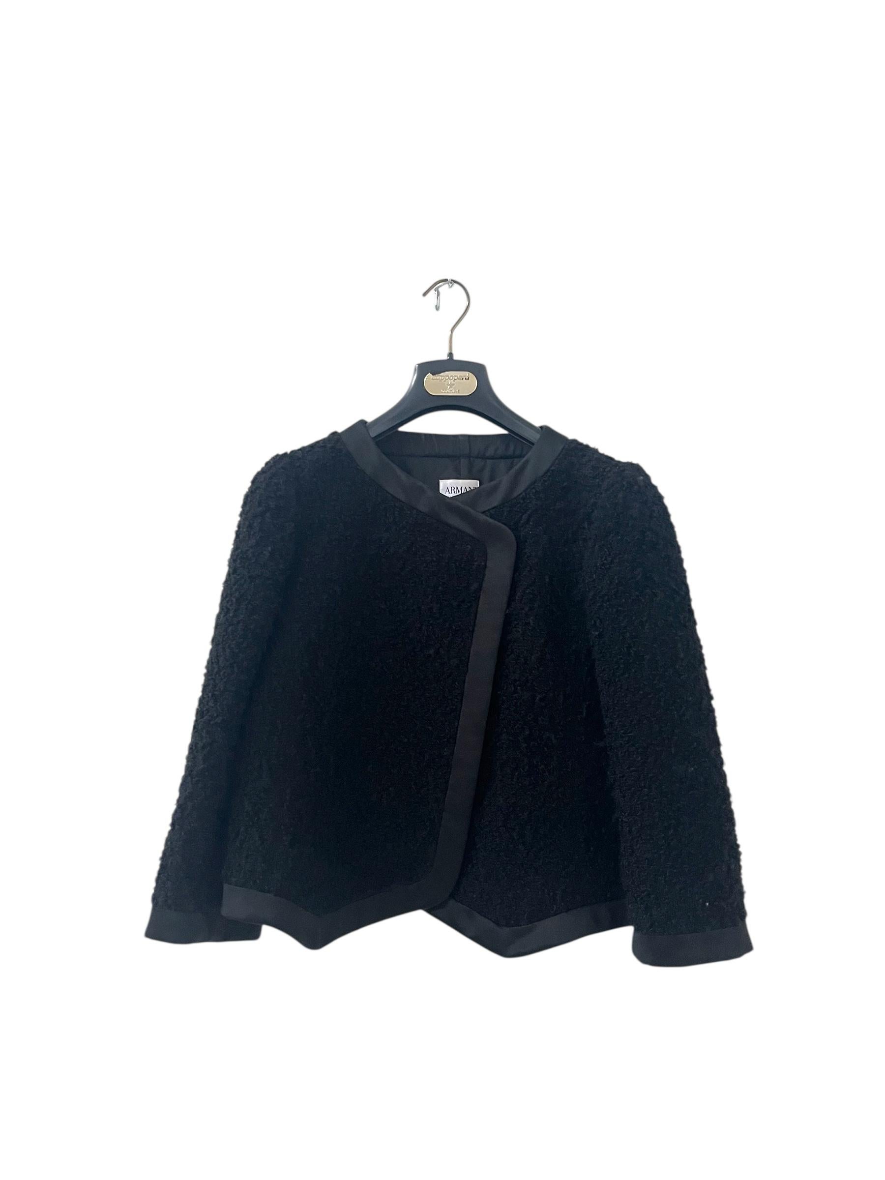 Armani Collezioni Black Bouclé Wool Blend Jacket with Satin Trim im Angebot 2
