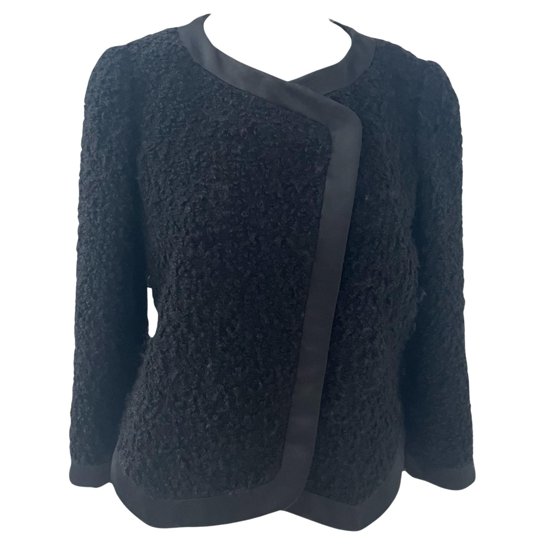 Armani Collezioni Black Bouclé Wool Blend Jacket with Satin Trim