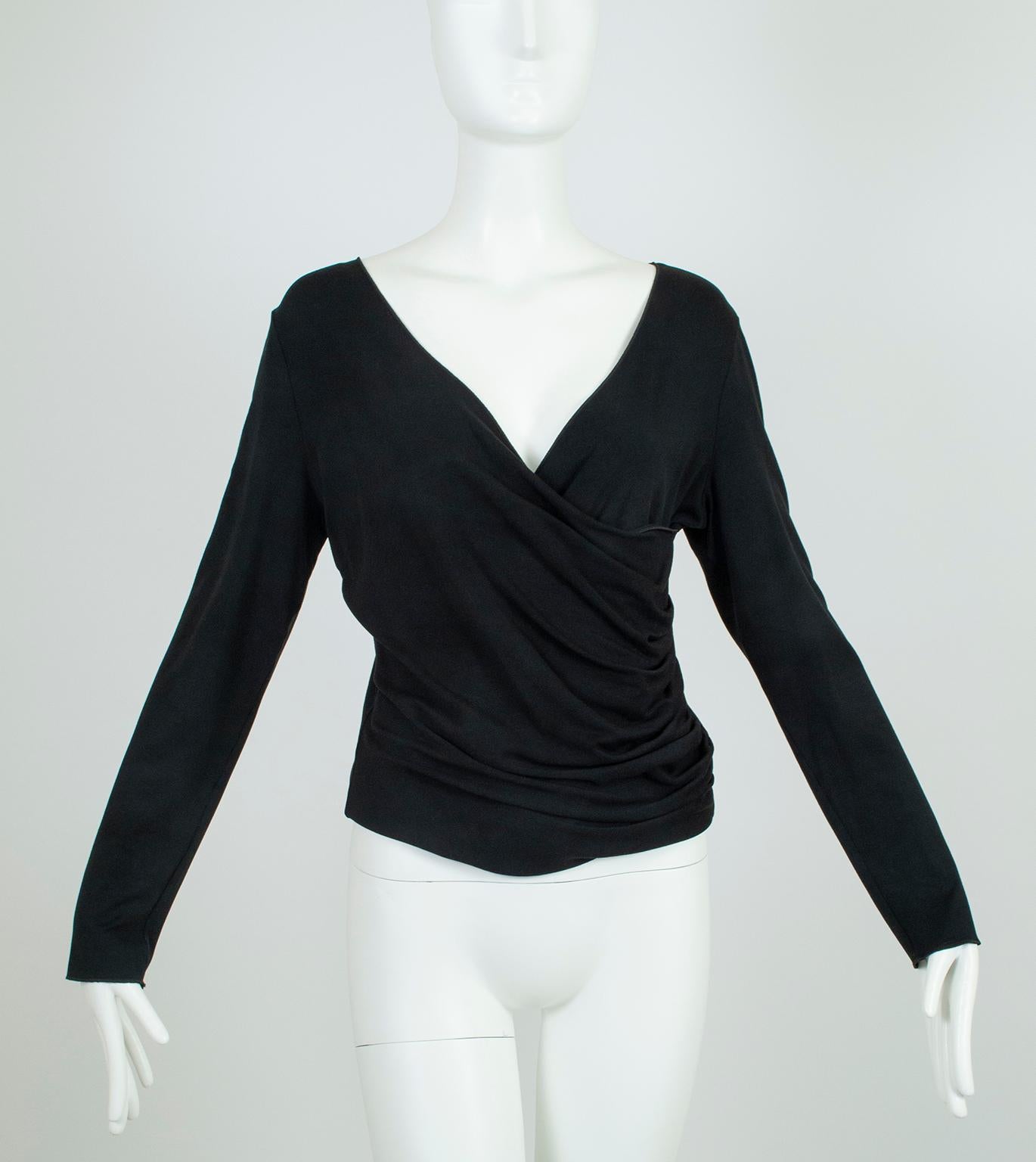 Love the look of a criss-cross wrap top, but not the potential for gaping at the bust? Consider this pullover version, whose stretch jersey fabric hugs close to the body and eliminates wardrobe malfunctions. Its longer length means it won’t come