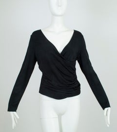 Armani Collezioni Black Jersey Plunging Criss-Cross Wrap Pullover Top, size 10