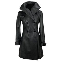 Armani Collezioni Black Leather Double Breasted Coat Size 40 IT