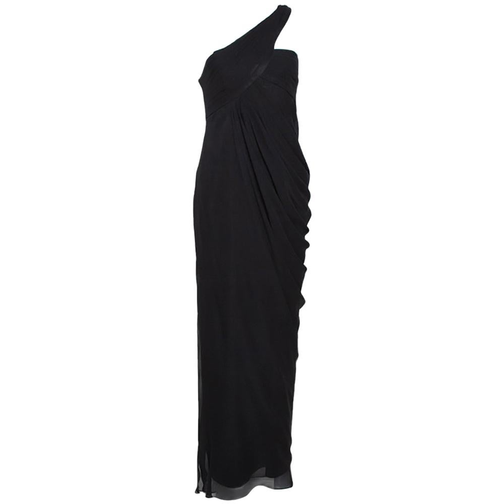 Armani Collezioni Black Silk Draped One Shoulder Asymmetric Gown M