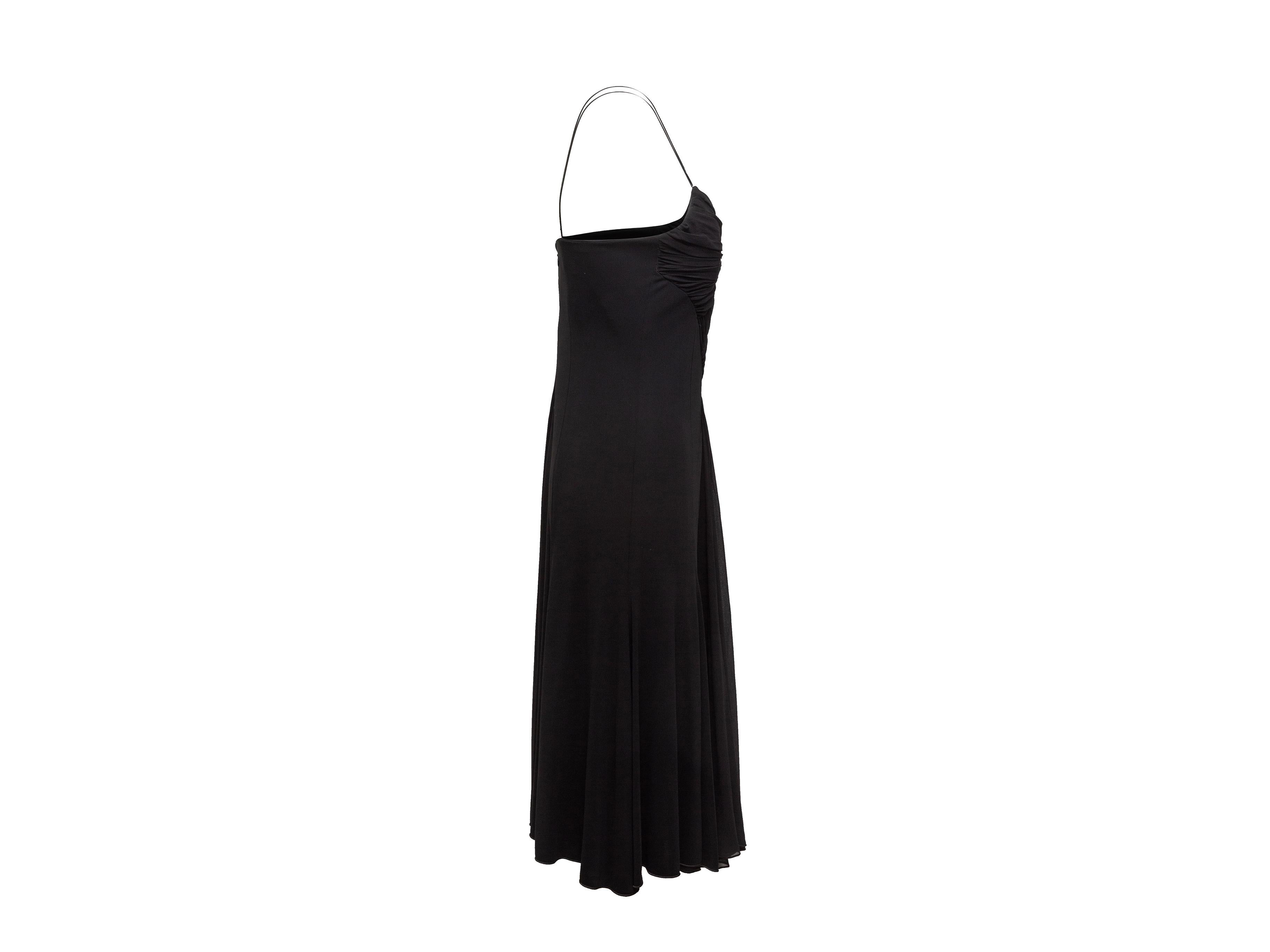 Product details: Black sleeveless evening gown by Armani Collezioni. Narrow straps. Sweetheart neckline. Draping at skirt. 32