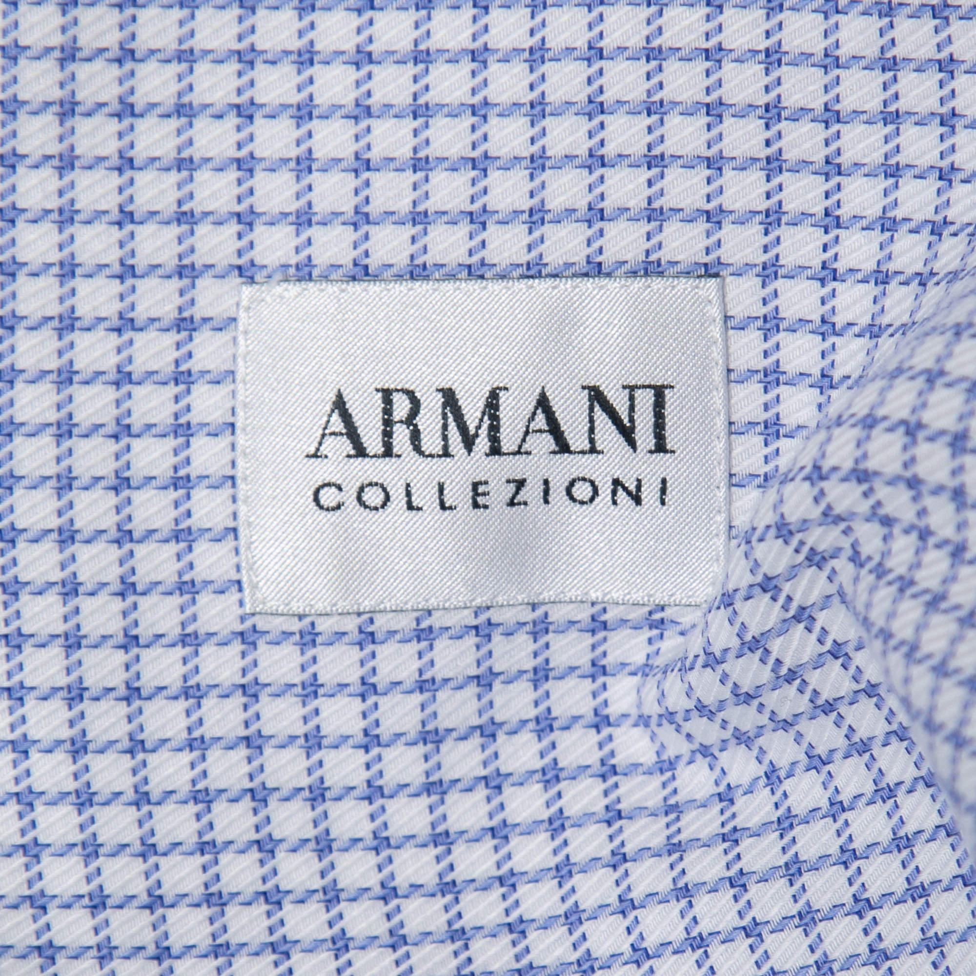 Men's Armani Collezioni Blue Checked Cotton Button Front Full Sleeve Shirt M For Sale