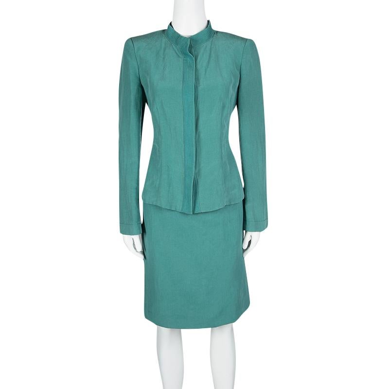 Armani Collezioni Blue Silk Linen Blazer and Pencil Skirt Set M In New Condition In Dubai, Al Qouz 2