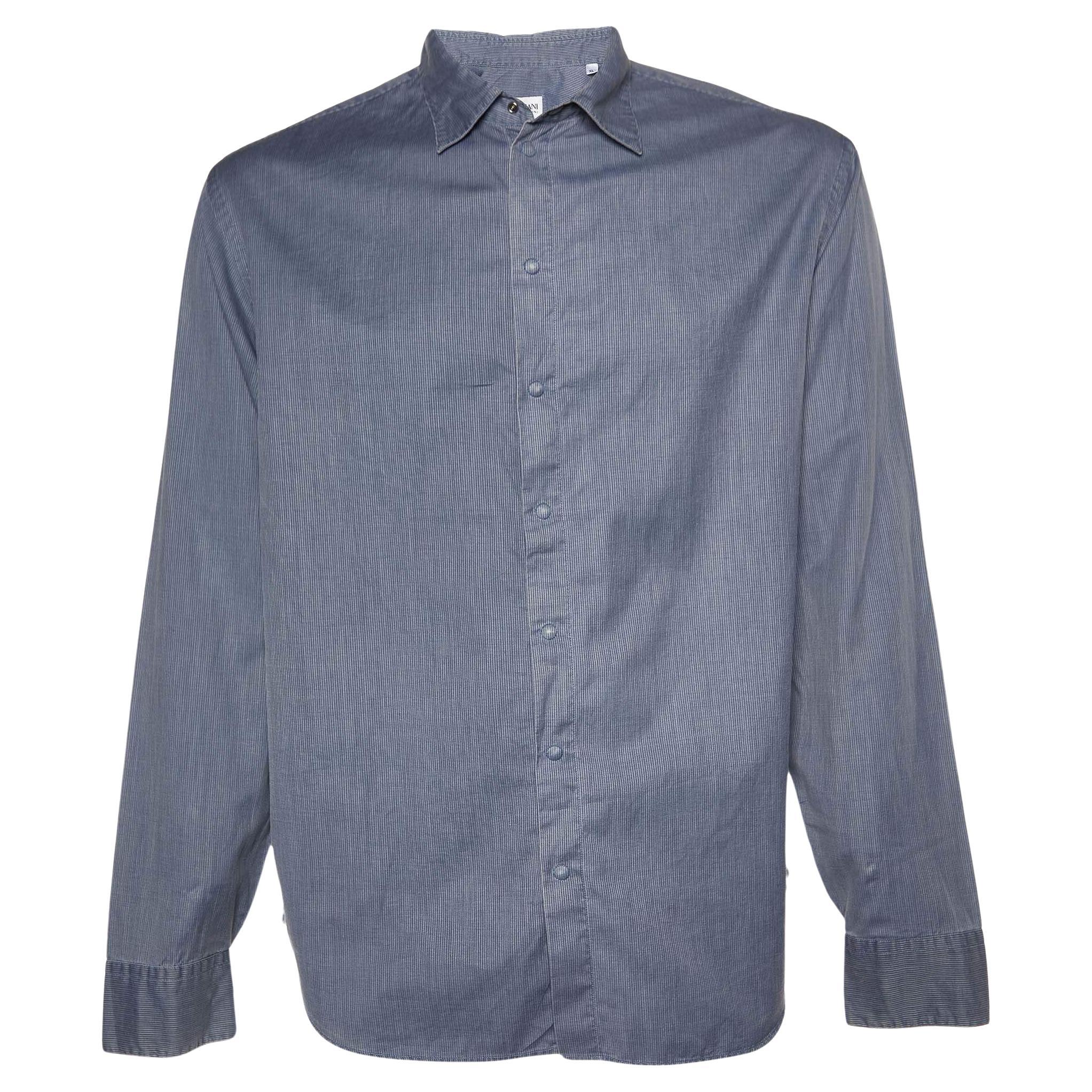 Armani Collezioni Blau gestreiftes langärmeliges Hemd aus Baumwolle XL