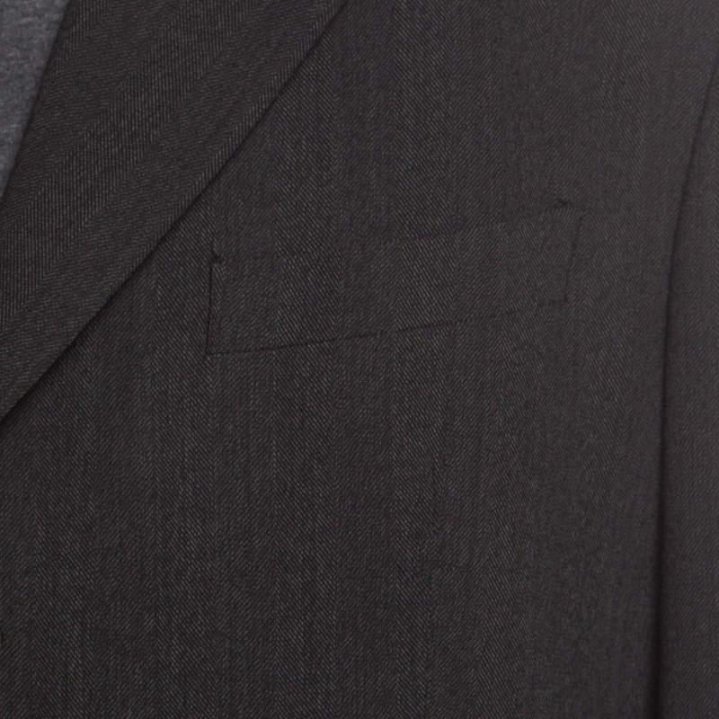 Armani Collezioni Charcoal Grey Herringbone Wool Three Button Blazer XL For Sale 2