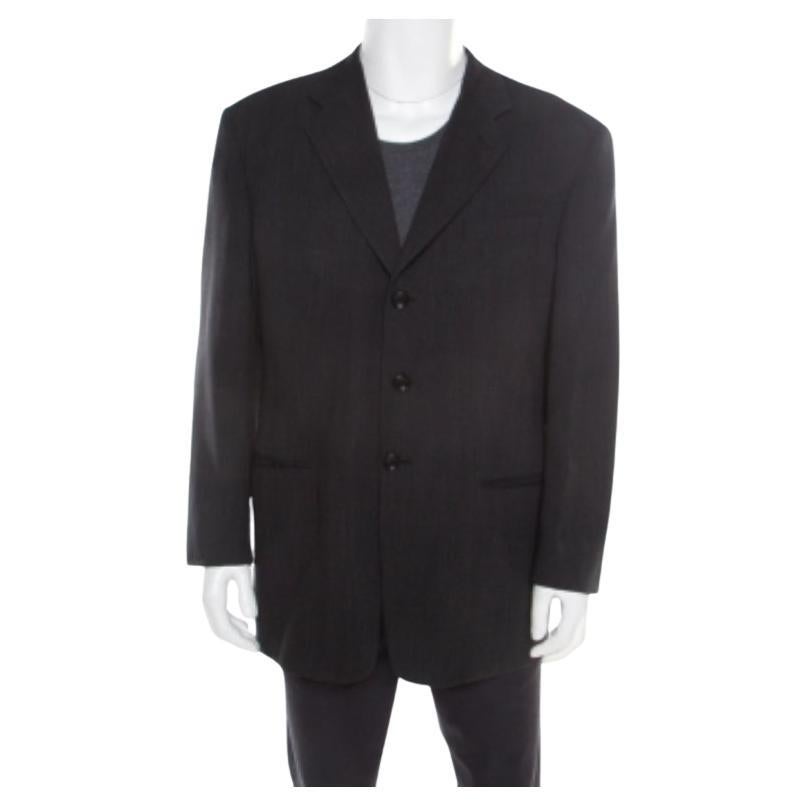 Armani Collezioni Anthrazitgrauer Blazer aus Wolle mit drei Knöpfen und Fischgrätenmuster XL im Angebot