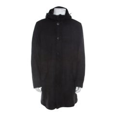 Armani Collezioni Cappotto in lana e pelliccia grigio scuro con cappuccio e dettaglio del colletto XXL