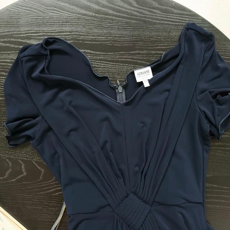 Armani Collezioni Draped Navy Jersey Midi Cocktail Dress – IT 44 For Sale 10