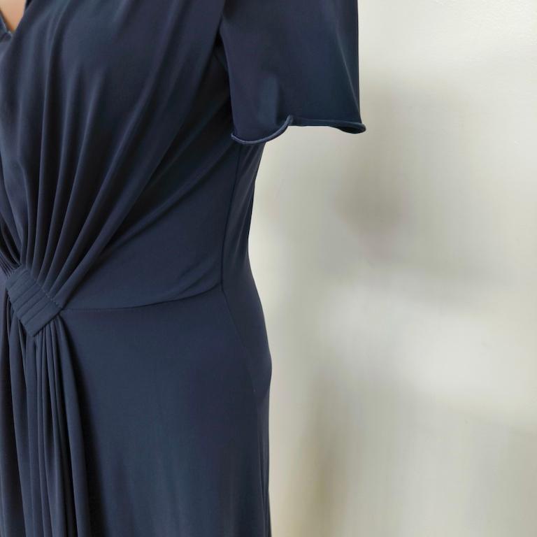 Armani Collezioni Draped Navy Jersey Midi Cocktail Dress – IT 44 For Sale 2