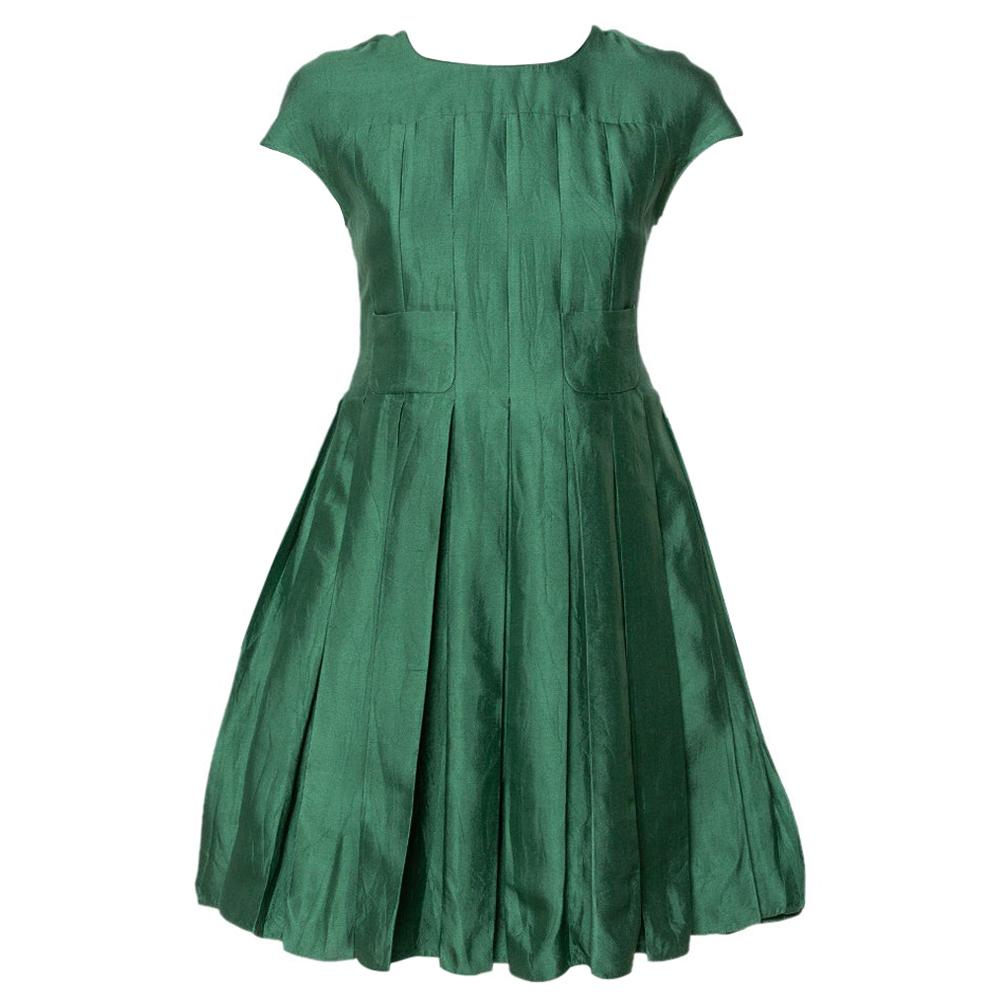 Armani Collezioni Green Cotton Silk Box Pleated Short Dress S