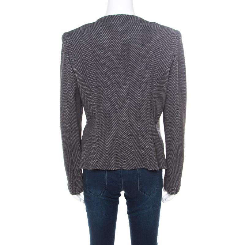 Gray Armani Collezioni Grey Chevron Jacquard Floral Applique Ruffled Trim Jacket XL