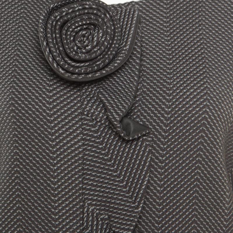 Armani Collezioni Grey Chevron Jacquard Floral Applique Ruffled Trim Jacket XL In Good Condition In Dubai, Al Qouz 2