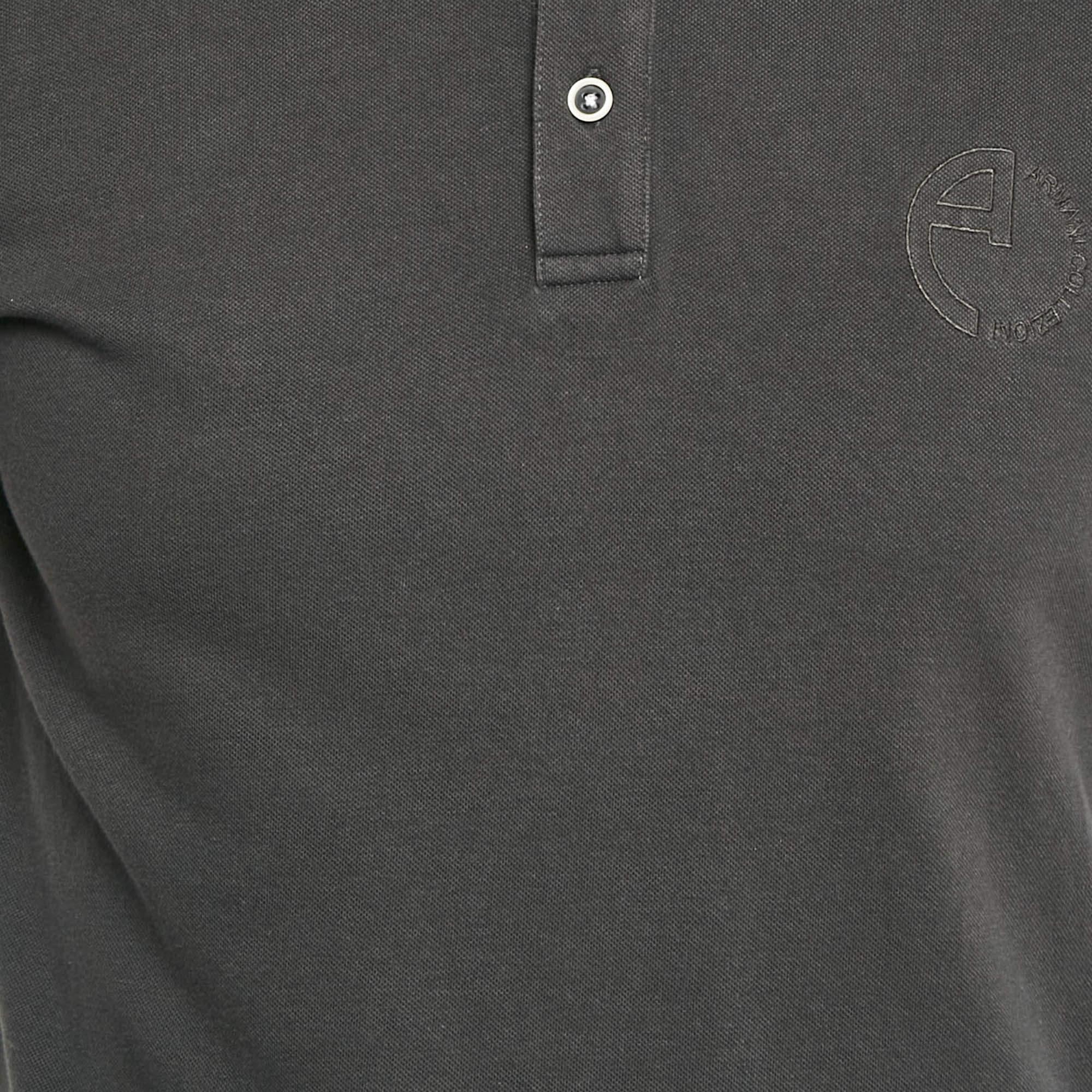 Black Armani Collezioni Grey Logo Embroidered Cotton Pique Polo T-Shirt L For Sale