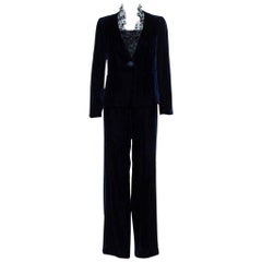 Armani Collezioni Midnight Blue Embellished Collar Blazer & Wide Leg Pants L